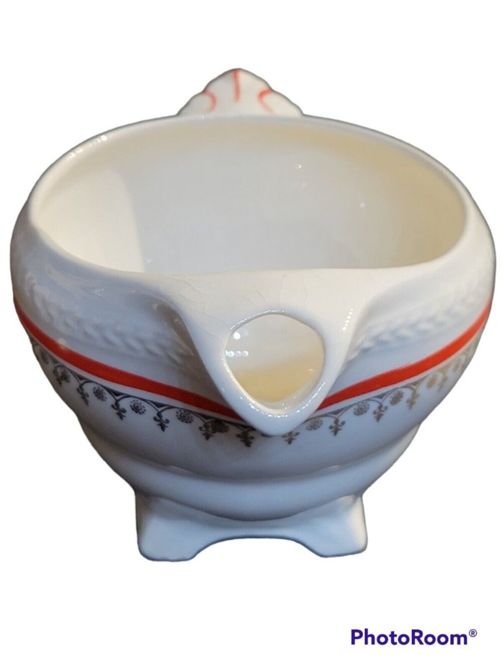 Crown Potteries Co USA Made Creamer Lidded Sugar Set Cream Red Gold c1800-1950 - Picture 3 of 12
